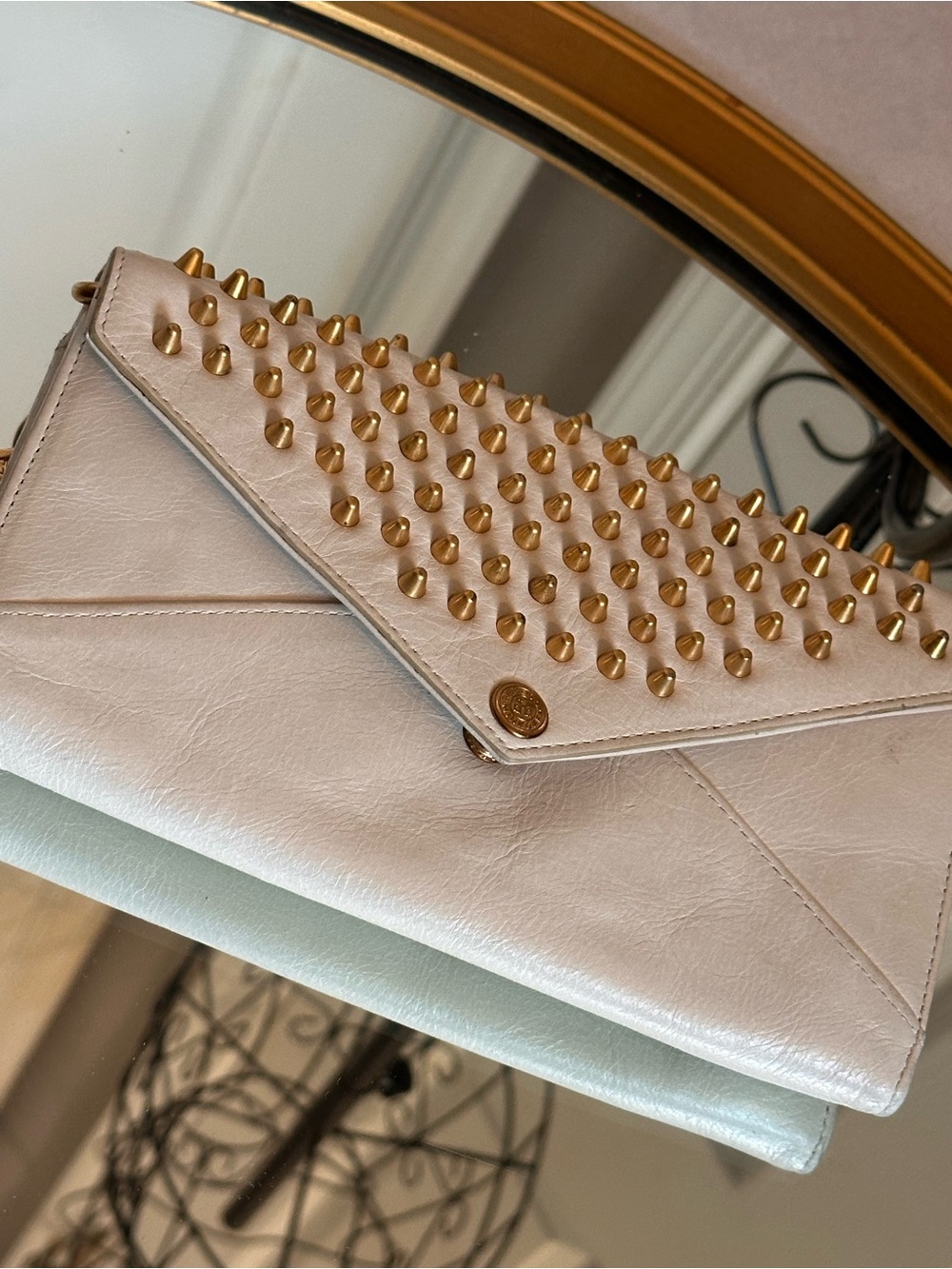Rebecca Minkoff Studded Off White Leather Envelope Clutch with gold pyramid stud